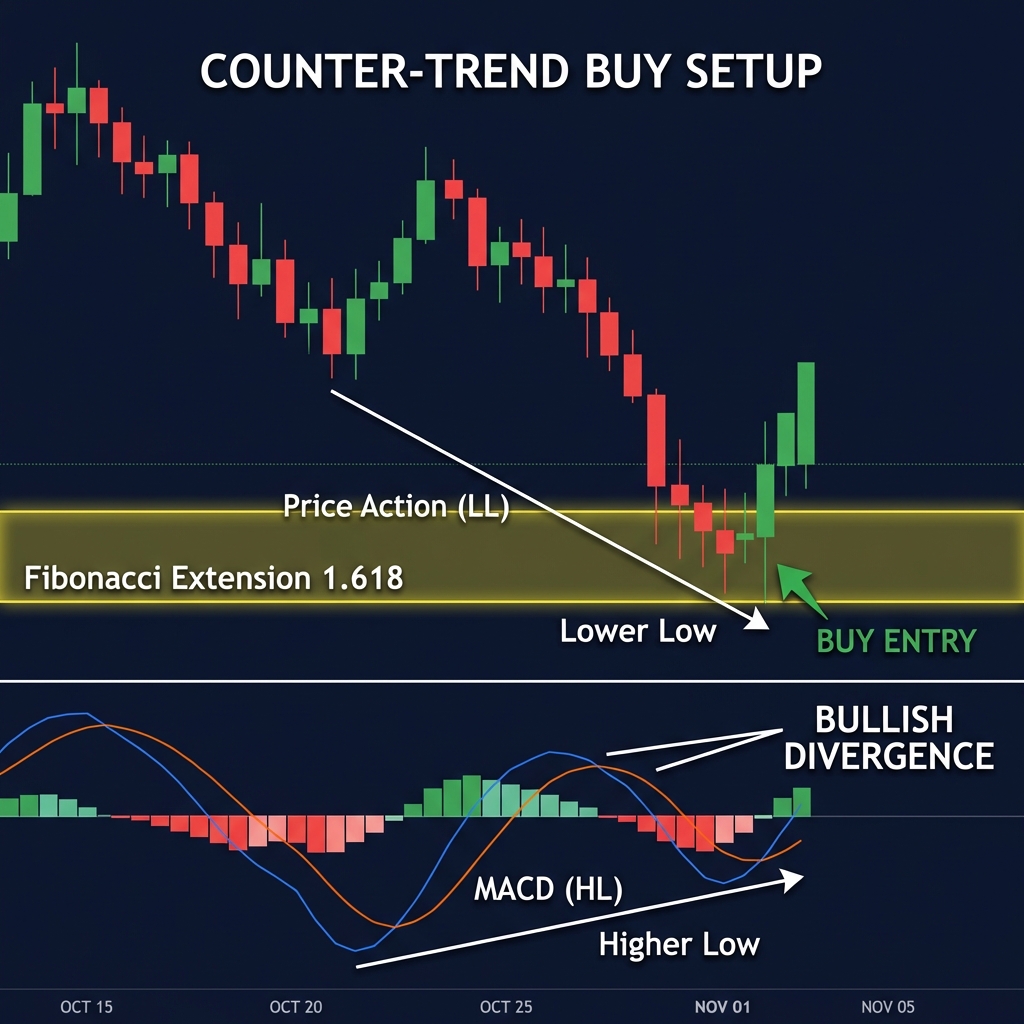 Counter-Trend Buy Setup: Lower Low Price vs Higher Low Indicator
