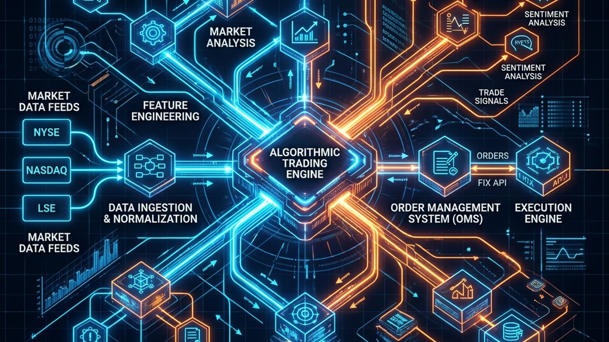 System Architecture สำหรับ Algorithmic Trading Bot แผนภาพแสดงสถาปัตยกรรมของบอทเทรดแบบ Modular แบ่งเป็น Feeder, Engine และ Executor